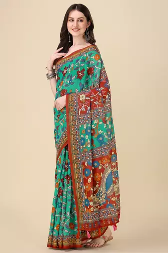 Kalamkari Digital Print Zari Cotton Lilen  Saree With Multicolored Cotton Tussle At Pallu