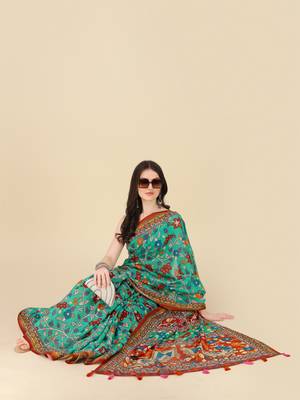 Kalamkari Digital Print Zari Cotton Lilen  Saree With Multicolored Cotton Tussle At Pallu 3