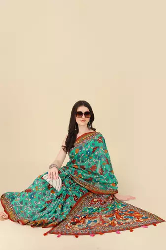 Kalamkari Digital Print Zari Cotton Lilen  Saree With Multicolored Cotton Tussle At Pallu