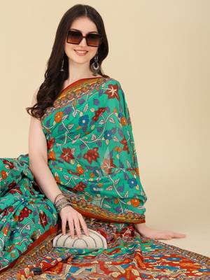 Kalamkari Digital Print Zari Cotton Lilen  Saree With Multicolored Cotton Tussle At Pallu 4