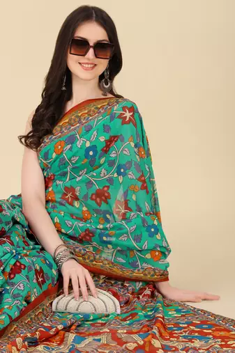 Kalamkari Digital Print Zari Cotton Lilen  Saree With Multicolored Cotton Tussle At Pallu