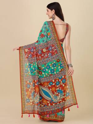 Kalamkari Digital Print Zari Cotton Lilen  Saree With Multicolored Cotton Tussle At Pallu 5