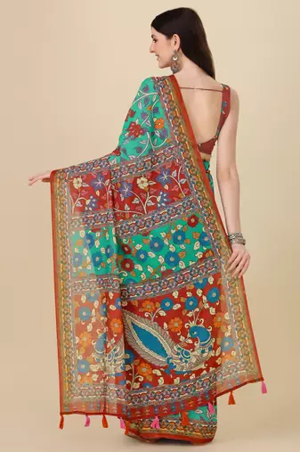 Kalamkari Digital Print Zari Cotton Lilen  Saree With Multicolored Cotton Tussle At Pallu