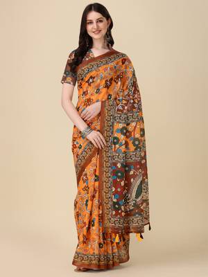 Kalamkari Digital Print Zari Cotton Lilen  Saree With Multicolored Cotton Tussle At Pallu 1