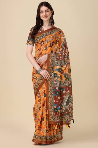 Kalamkari Digital Print Zari Cotton Lilen  Saree With Multicolored Cotton Tussle At Pallu