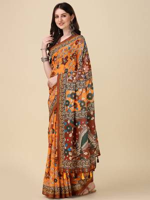 Kalamkari Digital Print Zari Cotton Lilen  Saree With Multicolored Cotton Tussle At Pallu 2