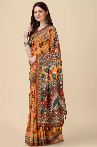 Kalamkari Digital Print Zari Cotton Lilen  Saree With Multicolored Cotton Tussle At Pallu