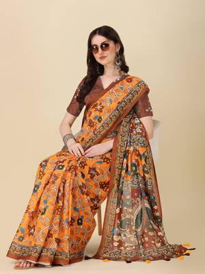 Kalamkari Digital Print Zari Cotton Lilen  Saree With Multicolored Cotton Tussle At Pallu 3