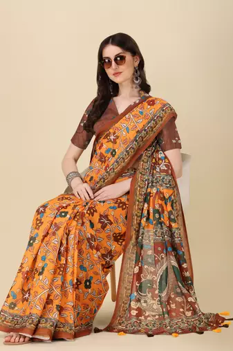Kalamkari Digital Print Zari Cotton Lilen  Saree With Multicolored Cotton Tussle At Pallu