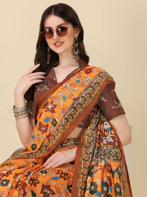 Kalamkari Digital Print Zari Cotton Lilen  Saree With Multicolored Cotton Tussle At Pallu 4