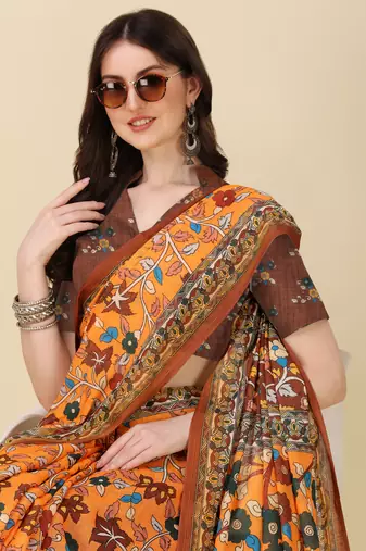 Kalamkari Digital Print Zari Cotton Lilen  Saree With Multicolored Cotton Tussle At Pallu