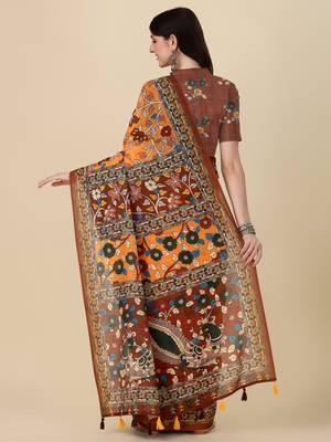 Kalamkari Digital Print Zari Cotton Lilen  Saree With Multicolored Cotton Tussle At Pallu 5