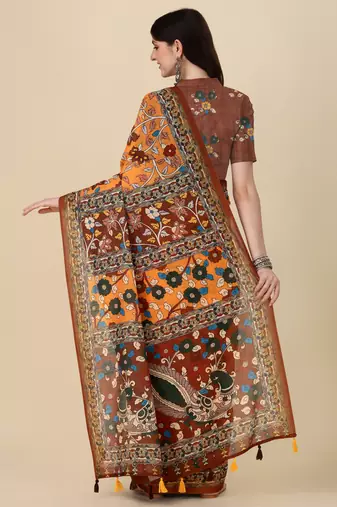 Kalamkari Digital Print Zari Cotton Lilen  Saree With Multicolored Cotton Tussle At Pallu
