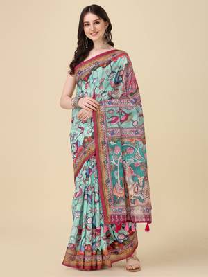 Kalamkari Digital Print Zari Cotton Lilen  Saree With Multicolored Cotton Tussle At Pallu 1