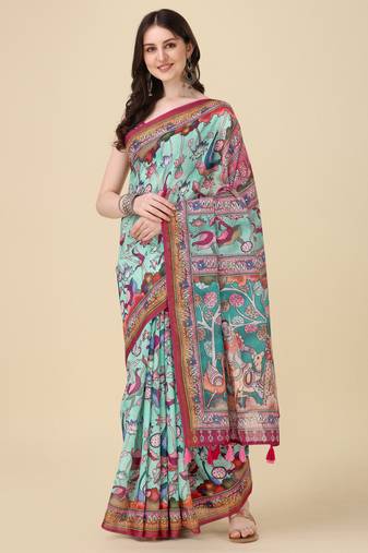 Kalamkari Digital Print Zari Cotton Lilen  Saree With Multicolored Cotton Tussle At Pallu