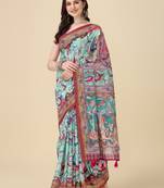 Kalamkari Digital Print Zari Cotton Lilen  Saree With Multicolored Cotton Tussle At Pallu