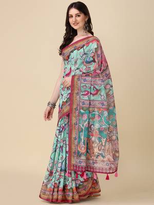 Kalamkari Digital Print Zari Cotton Lilen  Saree With Multicolored Cotton Tussle At Pallu 2