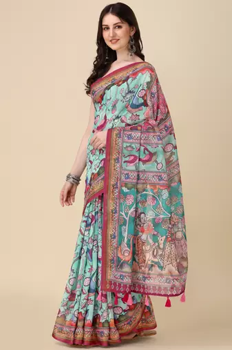 Kalamkari Digital Print Zari Cotton Lilen  Saree With Multicolored Cotton Tussle At Pallu
