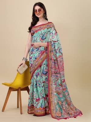 Kalamkari Digital Print Zari Cotton Lilen  Saree With Multicolored Cotton Tussle At Pallu 3
