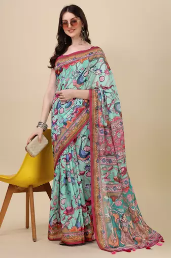 Kalamkari Digital Print Zari Cotton Lilen  Saree With Multicolored Cotton Tussle At Pallu