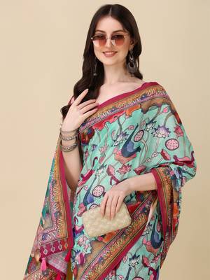 Kalamkari Digital Print Zari Cotton Lilen  Saree With Multicolored Cotton Tussle At Pallu 4
