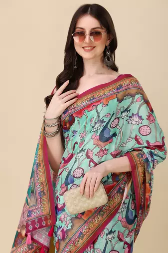 Kalamkari Digital Print Zari Cotton Lilen  Saree With Multicolored Cotton Tussle At Pallu