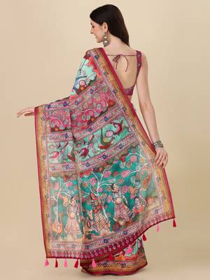 Kalamkari Digital Print Zari Cotton Lilen  Saree With Multicolored Cotton Tussle At Pallu 5