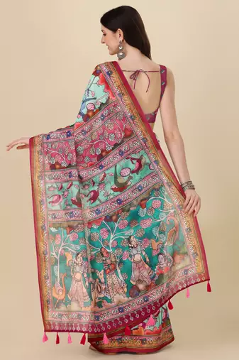 Kalamkari Digital Print Zari Cotton Lilen  Saree With Multicolored Cotton Tussle At Pallu