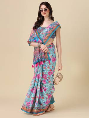 Kalamkari Digital Print Zari Cotton Lilen  Saree With Multicolored Cotton Tussle At Pallu 1