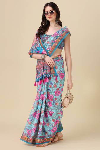 Kalamkari Digital Print Zari Cotton Lilen  Saree With Multicolored Cotton Tussle At Pallu