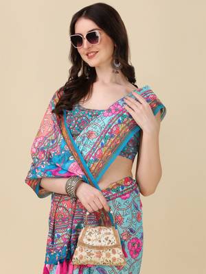 Kalamkari Digital Print Zari Cotton Lilen  Saree With Multicolored Cotton Tussle At Pallu 2