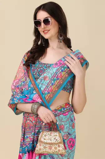 Kalamkari Digital Print Zari Cotton Lilen  Saree With Multicolored Cotton Tussle At Pallu