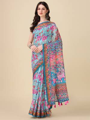 Kalamkari Digital Print Zari Cotton Lilen  Saree With Multicolored Cotton Tussle At Pallu 3