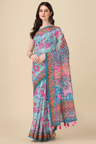 Kalamkari Digital Print Zari Cotton Lilen  Saree With Multicolored Cotton Tussle At Pallu