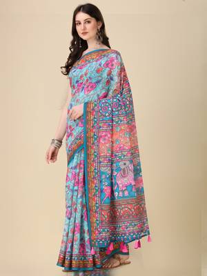 Kalamkari Digital Print Zari Cotton Lilen  Saree With Multicolored Cotton Tussle At Pallu 4