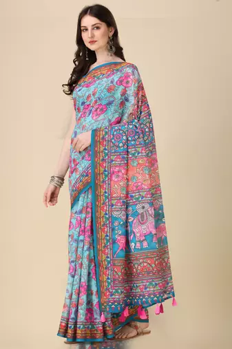 Kalamkari Digital Print Zari Cotton Lilen  Saree With Multicolored Cotton Tussle At Pallu