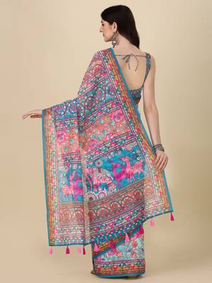 Kalamkari Digital Print Zari Cotton Lilen  Saree With Multicolored Cotton Tussle At Pallu 5