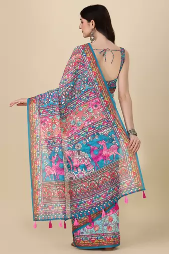 Kalamkari Digital Print Zari Cotton Lilen  Saree With Multicolored Cotton Tussle At Pallu