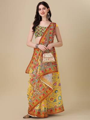 Kalamkari Digital Print Zari Cotton Lilen  Saree With Multicolored Cotton Tussle At Pallu 1