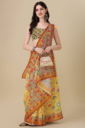 Kalamkari Digital Print Zari Cotton Lilen  Saree With Multicolored Cotton Tussle At Pallu