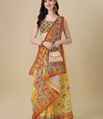 Kalamkari Digital Print Zari Cotton Lilen  Saree With Multicolored Cotton Tussle At Pallu
