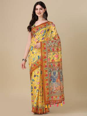 Kalamkari Digital Print Zari Cotton Lilen  Saree With Multicolored Cotton Tussle At Pallu 2