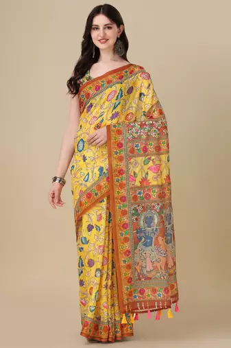 Kalamkari Digital Print Zari Cotton Lilen  Saree With Multicolored Cotton Tussle At Pallu