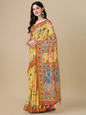 Kalamkari Digital Print Zari Cotton Lilen  Saree With Multicolored Cotton Tussle At Pallu 3