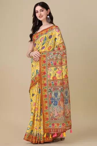 Kalamkari Digital Print Zari Cotton Lilen  Saree With Multicolored Cotton Tussle At Pallu