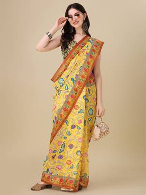 Kalamkari Digital Print Zari Cotton Lilen  Saree With Multicolored Cotton Tussle At Pallu 4