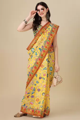 Kalamkari Digital Print Zari Cotton Lilen  Saree With Multicolored Cotton Tussle At Pallu