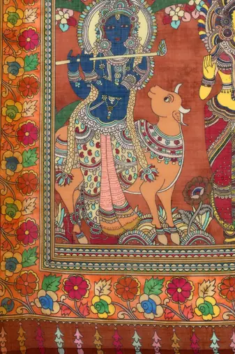 Kalamkari Digital Print Zari Cotton Lilen  Saree With Multicolored Cotton Tussle At Pallu