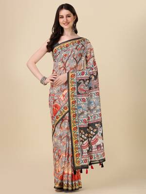 Kalamkari Digital Print Zari Cotton Lilen  Saree With Multicolored Cotton Tussle At Pallu 1