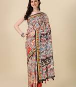 Kalamkari Digital Print Zari Cotton Lilen  Saree With Multicolored Cotton Tussle At Pallu